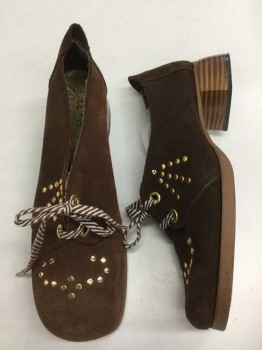 DUET, Brown, Gold, White, Suede, Metallic/Metal, Gold Studded Detail, Brown & White Laces, Chunky Heel