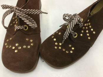 DUET, Brown, Gold, White, Suede, Metallic/Metal, Gold Studded Detail, Brown & White Laces, Chunky Heel