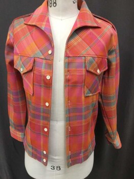 CHUBBY WOOD, Bubble Gum Pink, Orange, Turquoise Blue, Fuchsia Pink, Yellow, Polyester, Plaid, Leisure Jacket, 6 White Buttons, 2 Patch Pockets, Epaulettes At Shoulders, No Lining,