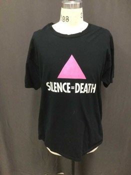 N/L, Black, Cotton, Solid, Graphic, S/S, Aged Ribbed CN, Pink Triangle with White "Silence=Death"