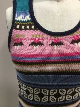 TAKE OUT, Pink, Blue, Brown, White, Navy Blue, Acrylic, Stripes - Horizontal , Human Figure, Scoop Neck, Pullover, Peruvian Feeling Knit