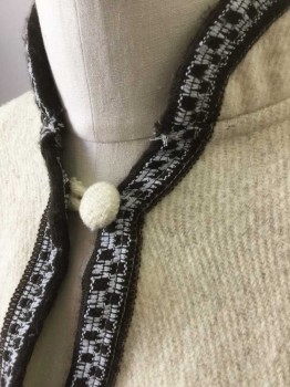 N/L, Cream, Dk Brown, White, Wool, Solid, Solid Cream with Dark Brown and White 1" Trim at Edges and Center Front, Stand Collar, Self Covered Buttons with Loop Closures