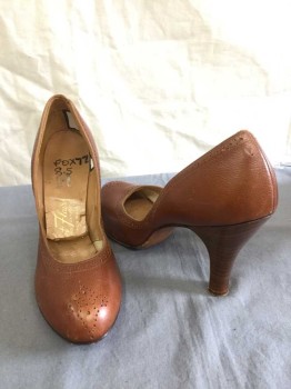 FOOT FLAIRS, Sienna Brown, Leather, Solid, 3" High Heel Round Toe Pump, Perforation Detail, Faux Wood Stack Heel