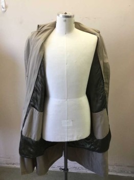 LONDON FOG, Khaki Brown, Cotton, Polyester, Solid, Khaki, Dark Gray Lining with Zipper, , Collar Attached, Single Breasted, 5 Button Front, Long Sleeves, W/short Belt