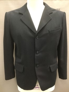 MTO, Black, Wool, Solid, Made To Order, Gabardine, Single Breasted, 3 Buttons,  Notched Lapel,