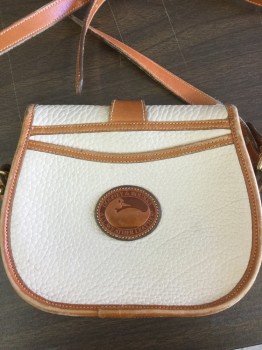 DOONEY & BOURKE, Cream, Tan Brown, Leather, Solid, Long Strap, Flap Over with Leather Closure, Gold Tone Hardware,