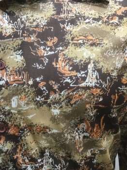 VAN HEUSEN, Brown, Tan Brown, Dk Brown, Off White, Nylon, Novelty Pattern, Button Front, Long Sleeves, Collar Attached, Print Could Be Abstract Swirling Fire in California