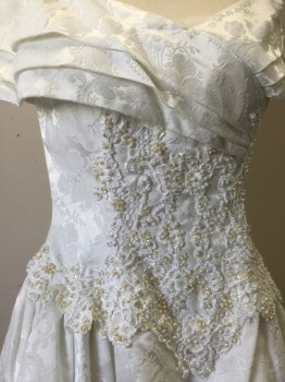 N/L, Ivory White, Off White, Synthetic, Floral, Off the Shoulder, Pleated Portrait Collar, Brocade, Pearls and Sequins on Bodice, Center Back Zipper, Modest Train, Bride