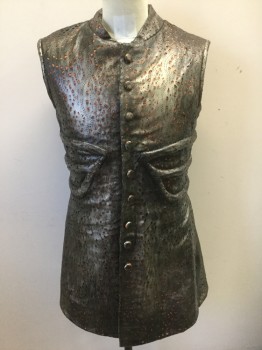 N/L MTO, Silver, Orange, Leather, Polyester, Geometric, Tunic: Metallic Leather with Cutout Rectangles/Diamonds, Revealing Glittery Metallic Orange Underlayer, Sleeveless, Stand Collar, Protruding Bone/Ribcage Like Ridges at Waist, Fabric Covered Buttons, Hidden Zip Closure, Lace Up in Back, Made To Order