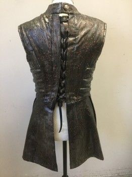 N/L MTO, Silver, Orange, Leather, Polyester, Geometric, Tunic: Metallic Leather with Cutout Rectangles/Diamonds, Revealing Glittery Metallic Orange Underlayer, Sleeveless, Stand Collar, Protruding Bone/Ribcage Like Ridges at Waist, Fabric Covered Buttons, Hidden Zip Closure, Lace Up in Back, Made To Order