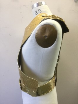 MTO, Gold, Leather, Geometric, Sexy Male Egyptian, Leather Chromed in Bright Gold, Adjustable Buckles at Shoulders and Back Waist, Fits 38 to 42 Chests, Multiples