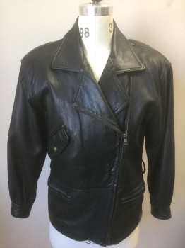 LUIS ALVEAR, Black, Leather, Solid, Asymmetric Zip Front, Notched Lapel, Heavily Padded Shoulders, 3 Pockets, **Has Some Wear at Shoulders