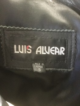 LUIS ALVEAR, Black, Leather, Solid, Asymmetric Zip Front, Notched Lapel, Heavily Padded Shoulders, 3 Pockets, **Has Some Wear at Shoulders