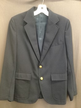 NORDSTROM, Navy Blue, Polyester, Solid, Notched Lapel, 2 Gold Button Front, 2 Pocket Flap,
