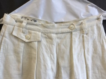 KENAR, Off White, Linen, Solid, 1" Waistband with Belt Hoops and Small Pocket Flap & 1 Button, 2 Pleat Front, 2 Pockets, Cuff Hem,