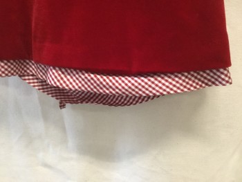 Papo D'anjo, Red, White, Cotton, Velvet, Short Puffed Sleeves, Empire Waist with Red and White Plaid Piping. Plaid Attached  Peekaboo Underskirt, Side Zipper. Matching Plaid Tie Straps at Waist.