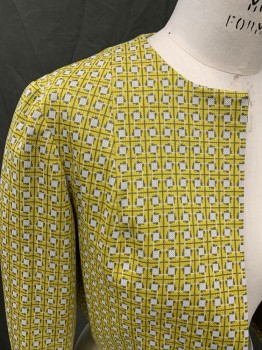 N/L, Yellow, White, Gray, Synthetic, Geometric, Grid , Knit, Open Front, 3/4 Sleeves, Short,