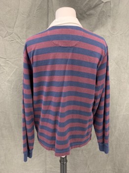 BROOKS BROS, Maroon Red, Navy Blue, Cotton, Stripes, White Collar, 3 Buttons,  Long Sleeves, Ribbed Knit Cuff