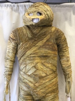 MTO, Lt Brown, Dk Beige, Cotton, Solid, Graphic, Aged, Gauze/cotton Wrapped Mummy, Zip Back with Velcro Closures, Faded Black Hieroglyphic Graphic Print, Head & Feet Attached with Button Closures