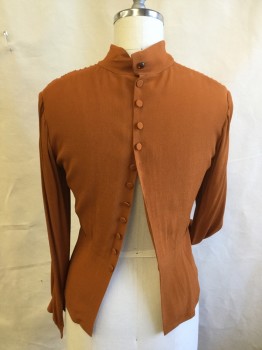 FOX 731, Burnt Orange, Silk, Solid, (DOUBLE)  Collar Attached with SHORT Self Attached Bow Tie, Vertical Very Thin Pleats Front, Long Sleeves, Self Cover Button Back, Long Sleeves (no Button at Cuff) 1930s-1940s
