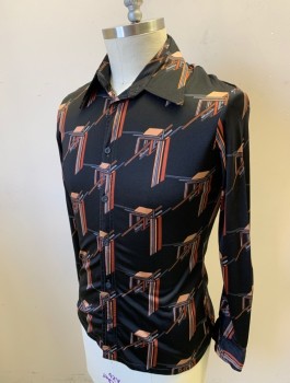 ROLAND, Black, Brown, Terracotta Brown, Gray, Nylon, Geometric, Abstract , Stretchy, Long Sleeves, Button Front, Collar Attached, Qiana Shirt, Disco