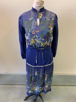 FAIR GIRL, Navy Blue, White, Lt Blue, Green, Lt Yellow, Rayon, Floral, Leaves/Vines , Mandarin Collar, Thin Rope Neck Tie Attached, Key Hole at Center Front, L/S, Drawstring at Waist