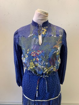 FAIR GIRL, Navy Blue, White, Lt Blue, Green, Lt Yellow, Rayon, Floral, Leaves/Vines , Mandarin Collar, Thin Rope Neck Tie Attached, Key Hole at Center Front, L/S, Drawstring at Waist