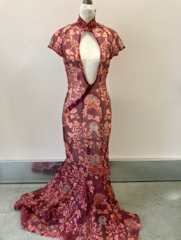 N/L, Red Burgundy, Terracotta Brown, Emerald Green, Brown, Organza/Organdy, Floral, C.A.,  Sleeves, Stand Collar,  Open Cutout at CF Bust, 2 Tiny Snap Closures at CF Neck, Hidden Tiny Snaps at Side Asymmetrical Closure to Hip, Floor Length Hem, Bias Cut Godets Near Hem