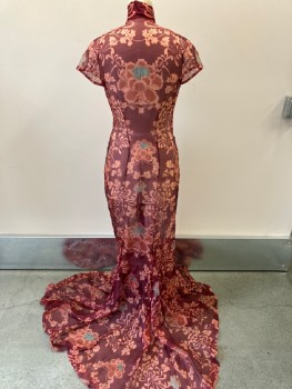 N/L, Red Burgundy, Terracotta Brown, Emerald Green, Brown, Organza/Organdy, Floral, C.A.,  Sleeves, Stand Collar,  Open Cutout at CF Bust, 2 Tiny Snap Closures at CF Neck, Hidden Tiny Snaps at Side Asymmetrical Closure to Hip, Floor Length Hem, Bias Cut Godets Near Hem
