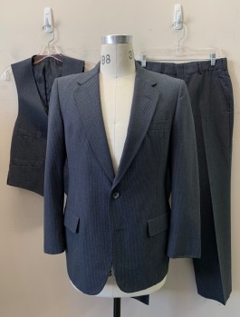 CHRISTIAN DIOR, Blue-Gray, White, Wool, Stripes - Vertical , 2 Button, Flap Pocket, Single Vent