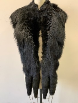 COVERT, Black, Fur, Solid, Fur Stole, Hanging Tails at Ends, Black Silk Satin Lining,