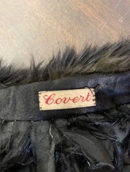 COVERT, Black, Fur, Solid, Fur Stole, Hanging Tails at Ends, Black Silk Satin Lining,