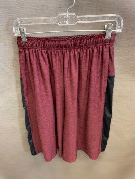 REEBOK, Maroon Red, Gray, Polyester, Spandex, Solid, Color Blocking, S/S Gray Stripe, Elastic Waist with Drawstring