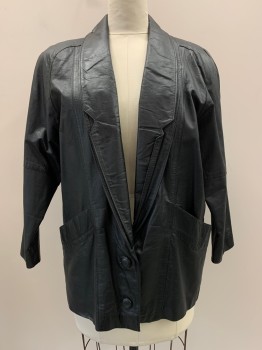 ZOOM, Black, Leather, Solid, L/S, 2 Buttons, Single Breasted, Double Shawl Collar, Notched Lapel, Top Pockets, Shoulder Pads