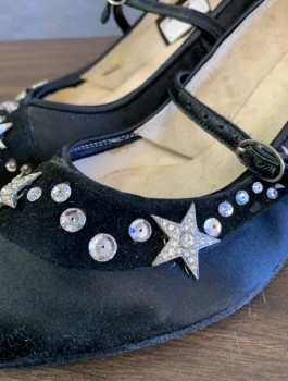 N/L MTO, Black, Silk, Rhinestones, Made To Order, Satin Dance Shoes with Rhinestones and Silver Jeweled Stars, Almond Toe, Mary Jane Style Strap, Low 1.5" Heel