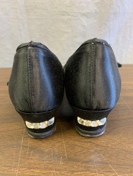 N/L MTO, Black, Silk, Rhinestones, Made To Order, Satin Dance Shoes with Rhinestones and Silver Jeweled Stars, Almond Toe, Mary Jane Style Strap, Low 1.5" Heel
