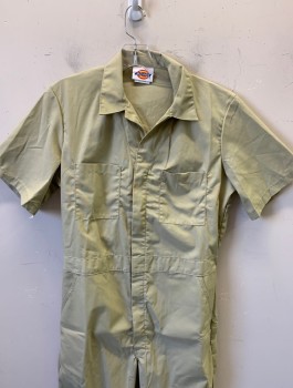 DICKIES, Tan Brown, Poly/Cotton, Solid, S/S, Zip Front, Collar Attached, Elastic at Sides of Waist, 6 Pockets: 2 on Chest, 2 at Sides, 2 in Back