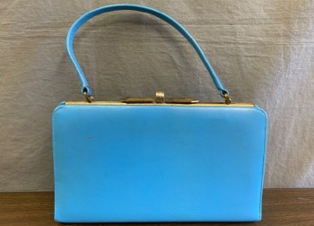 N/L, Cerulean Blue, Leather, Solid, Rectangular Shape with Gold Metal Bow Shaped Clasp, Short Leather Handle, Midnight Blue Faille Lining, in Good Condition with Just a Few Minor Scuffs