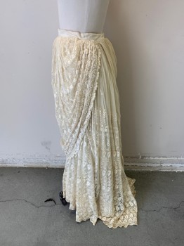 NL, Cream, Silk, Floral, Bridal, Solid Waist Band, All Over Lace, Draped at Front and Back, Solid Under Lay with Pleated Hem, Hem Shorter at the Front, Short Train at Back, Snap Buttons & Hook & Eyes at Back Waist