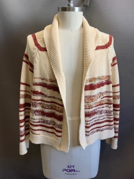 THE GREAT, Cotton, Acrylic, Cream W/Multicolor and Burnt Orange Stripes, Abstract Stripes and Half Circle on Back, Shawl Collar, Open Front,