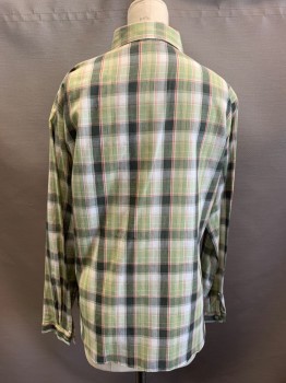 PRESENT CO, Lt Green, Dk Green, Red, White, Polyester, Cotton, Plaid, Button Front, L/S, C.A.,