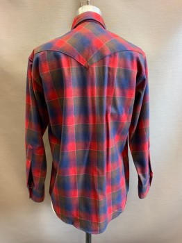 PENDLETON, Red, Navy Blue, Brown, Wool, Poly/Cotton, Plaid, Collar Attached, Snap Front, 2 Pockets with Flap & Snap Button, Long Sleeves