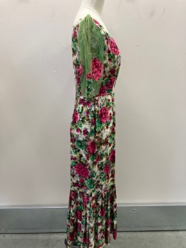 N/L, Multi-color, Cotton, Floral, Sweet Heart Neck Line, Puff  Green Crinoline Slvs With Patched  Floral Detail , CB Zipper, Gathered  Hem.