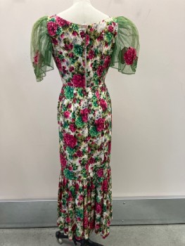 N/L, Multi-color, Cotton, Floral, Sweet Heart Neck Line, Puff  Green Crinoline Slvs With Patched  Floral Detail , CB Zipper, Gathered  Hem.
