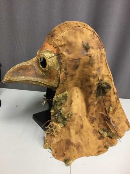 MTO, Tan Brown, Lt Brown, Moss Green, Leather, Leather 'Plague Like Doctors Mask' With Bird Beak, Open Eye Holes, Leather Drape Over The Head, Moss And Twigs Attached, Black Death, Middle Ages