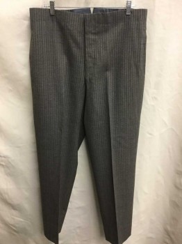 DOMINIC GHERARDI, Brown, Gray, Wool, Stripes - Vertical , Birds Eye Weave, Flat Front, Button Fly, 2 Side Pockets, Belted At Center Back Waist, Made To Order,