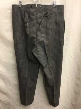 DOMINIC GHERARDI, Brown, Gray, Wool, Stripes - Vertical , Birds Eye Weave, Flat Front, Button Fly, 2 Side Pockets, Belted At Center Back Waist, Made To Order,