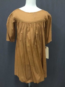 N/L, Camel Brown, Cotton, Solid, Camel Brown, Round Neck,  Gathered Upper Chest, 3/4 Sleeves, Light Pink,orange,teal Swirl Stiches Center Front, 3 Dark Pearl Button Back