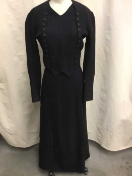 N/L, Midnight Blue, Wool, Solid, Bodice - Self Diagonal Ribbed Texture, L/S, V-neck, 2 Columns Of Black Buttons From Bust To Hem, Similar Row Of Buttons At Cuffs,  4" Wide Self "Belt" Panel At Waist, Hidden Snap Closures Under One Row Of Buttons,