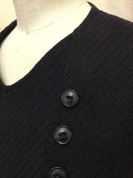 N/L, Midnight Blue, Wool, Solid, Bodice - Self Diagonal Ribbed Texture, L/S, V-neck, 2 Columns Of Black Buttons From Bust To Hem, Similar Row Of Buttons At Cuffs,  4" Wide Self "Belt" Panel At Waist, Hidden Snap Closures Under One Row Of Buttons,